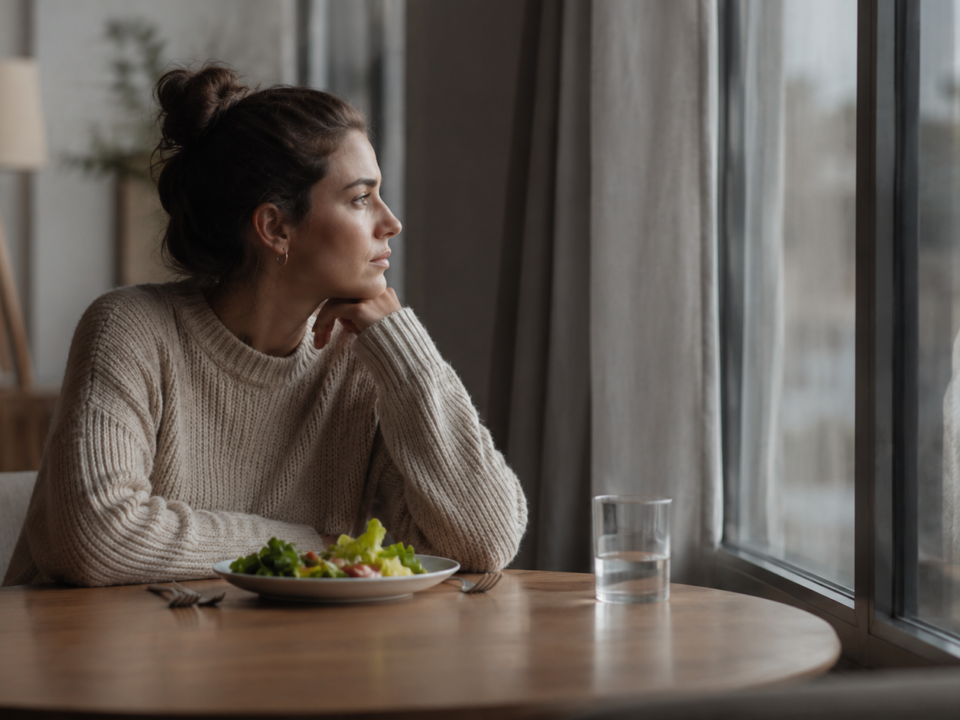 Pessoa refletindo sobre sua relação com a comida e o corpo, representando os transtornos alimentares e o sofrimento emocional.